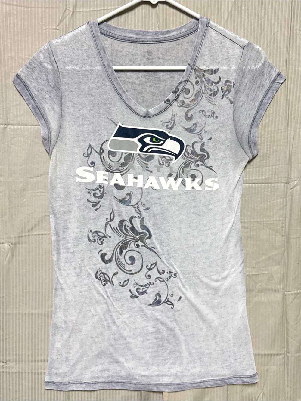 NFL Seattle Seahawks Women Grey Filigree Graphic V-Neck Tee Gameday Shirt